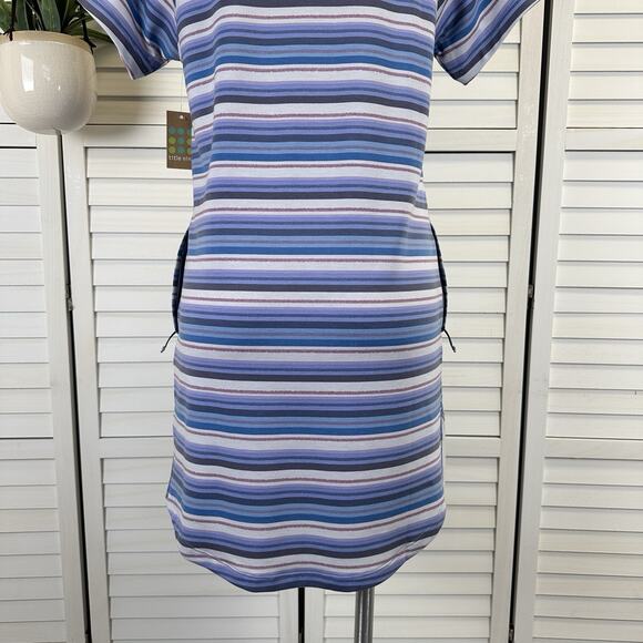 New Title Nine Hideaway Sweatshirt Dress Blue Horizon Stripe Short Sleeve Size S - Picture 7 of 12